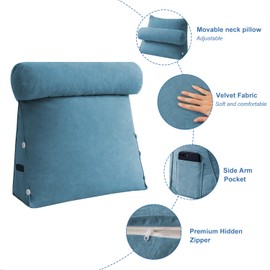 NXHMSWYG Bed Wedge Reading Pillow, Triangular Bedrest Lumbar Neck Back Support Pillows for Sitting up, Decorative Throw Pillows for Sofa Couch with Removable Velvet Cover (Blue, Large)