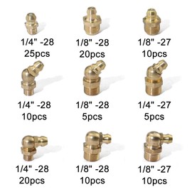 Boeray 115pcs 1/4“ 1/8” Hydraulic Grease Brass Zerk Fitting SAE Standard Assortment Kit-Straight, 90-Degree, 45-Degree Angled Zerk Assortment Set