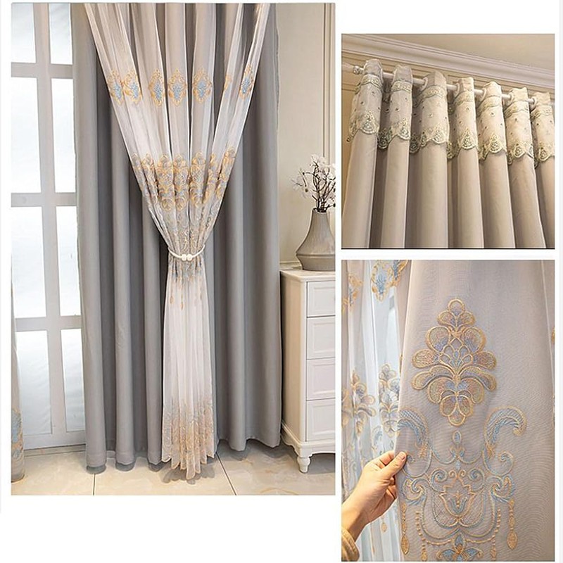 Amidoudou 1 Pair European Curtains with Valance Attached Double Layer