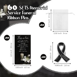 Unittype 60 Set Funeral Ribbon Pins Awareness Lapel Pin Remembrance Ribbon Brooch with Prayer Cards Organza Bags(Black)