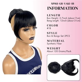 YAKI Curtain Bang with Bun Set 2PCS - Black Thick Bangs with Twist Braided Bun Clip in Synthetic Hairpiece for Black Women
