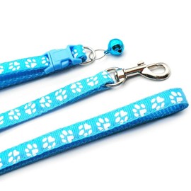 Doggie Style Store Small Dog Puppy Pet Collar and Lead Set Pawprint Design Nylon Adjustable Size 19-32cm Collar with Bell and 120cm Leash Aqua Blue Turquoise
