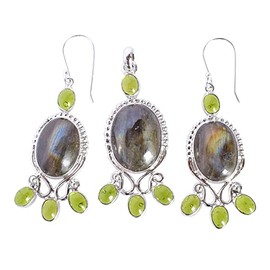 Ravishing Impressions Labradorit & Peridot-Schmuck-Set für Damen, Halskette, Ohrringe, Brautschmuck, Hochzeitsschmuck, Valentinstag, 20x15mm, 5x3mm, Edelstein Sterling-Silber, Labradorit und Peridot