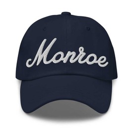Monroe Baseball Cap Monroe Dad Hat Bold Baseball Script Michigan MI Hat Embroidered Souvenir Gift Navy