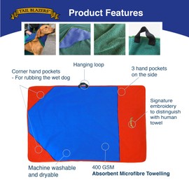 TAIL BLAZERS™ Super Absorbent Microfiber Dog Towel, Soft & Thick Towel for dogs. Dog Accessories for Grooming and Walk. Dog Drying Towel Featuring Hand Corner Pockets (S) 60x100cm