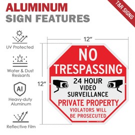 T&R No Trespassing Private Property Sign Video Surveillance Sign - 2 Pack - 12"x12" .040 Rust Free Heavy Aluminum, Reflective, Waterproof, Weatherproof and Fade Resistant, 4 pre-drilled holes, Easy to
