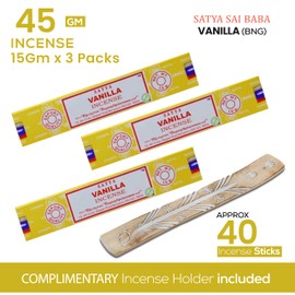 Satya Nagchampa Vanilla Incense Sticks, Satya Bng (Bangalore) Insenses 15gmx3 Pack (45 GMS) with Raajsee Incense Holder Bundle, Satya Nagchampa Natural Incense