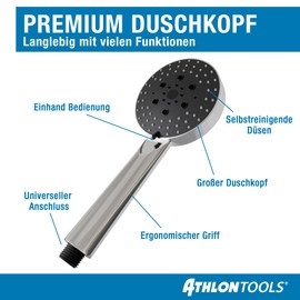 ATHLON TOOLS Shower Head Water-Saving – 5 Jet Types Shower Head – Diameter 105 mm Hand Shower Round (Chrome Colour, Shower Head 105 mm [Includes Hose])