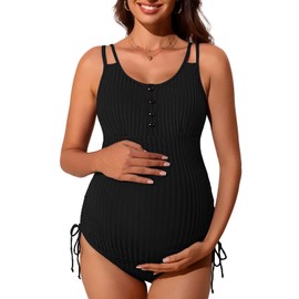 Summer Mae Ribbed Maternity Swimsuit One Piece Buttons Pregnancy Bathing Suit Ruched Side Drawstring Swimwear Black 10