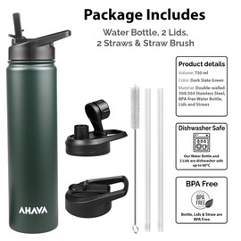 AHAVA Vacuum Insulated Stainless Steel Water Bottle | 750 ml | 2 Lids - Straw & Spout | Dishwasher Safe | 12hrs Hot, 24hrs Cold | BPA Free (Dark Slate Green)