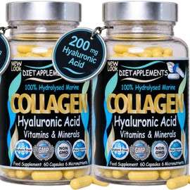 Advanced Skin, Hair, Nails, Bones Complex. Marine Collagen from Wild Fish 1000mg, Hyaluronic Acid 200mg; Vitamin C, Zinc, Copper; E, B2, Iodine. 100% Hydrolyzed Peptides Supplement - 2 Bottles