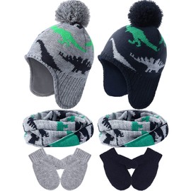 SATINIOR 6 Pieces Winter Boys Hat Dinosaur Warm Mittens Set Pompom Baby Knitted Hat Scarf Gloves Earflap Beanie (Stylish Color)