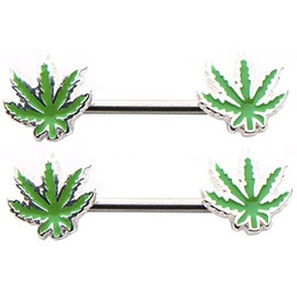 Body Vibe Pot Leaf Forward Facing 14g 1/2 Nipple Bars Ring Barbells - Sold as a Pair