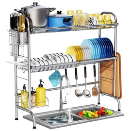 HOWDIA Stainless Steel 2-Tier Over The Sink Dish Drying Rack with Utensil Holder, Large, for Kitchen Counter