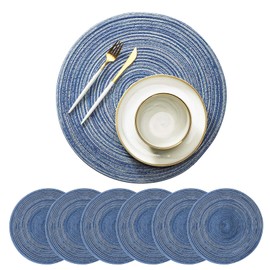 CY SISTERS 15Inch Round Placemats Farmhouse Boho Placemats Cloth Placemat Rustic Woven Placemats for Dining Table Set of 6 Circle Placemats Linen Braided Placemats Washable Outdoor Blue Table Mats