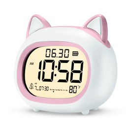 Kids Alarm Clock with Night Light for Kids, Small Digital Alarm Clocks for Bedrooms, Routine Builder, Cute Cat Alarm Clock with Sleep Training, Snooze, 12/24H, Date & Day, Temperature, USB Port