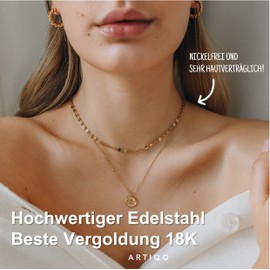 ARTIQO Layering Necklace with Platelets - Skin-friendly, Waterproof, Adjustable Size - Multi-Row Chain with Pendant Coin, Necklace for Women Gold-Plated (18 K) and Silver, Stainless Steel