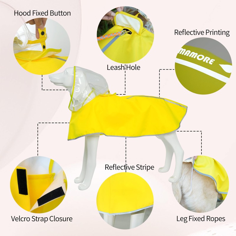 MAMORE Dog Raincoat,Waterproof Dog Raincoat Hooded Poncho with Adjustable Belly