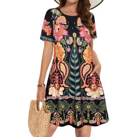 elescat Sun Dress Cotton Loose Fit Short Sleeve Sundress Women Fashion Swing Tunic Dress (Yellow Flower,3XL)