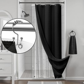 3 in 1 Shower Curtain Set,Black Waffle Shower Curtain and Liner Set with Waterproof EVA Liner and 12 Double Sided Metal Hooks for Bathroom,36W x 72H