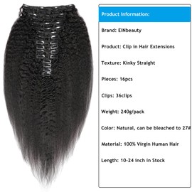 Kinky Straight Clip-In Real Hair Extensions, 16 Pieces, 240 g, Invisible Real Hair Wig Extensions, Clip-In Natural Black Clip Ins for Black Women, 12 + 14 Inches, 36 Clips
