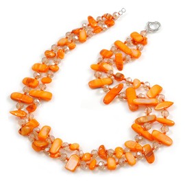 Avalaya Multistrand Layered Orange Shell Nugget and Transparent Glass Crystal Bead Necklace/ 50cm Long