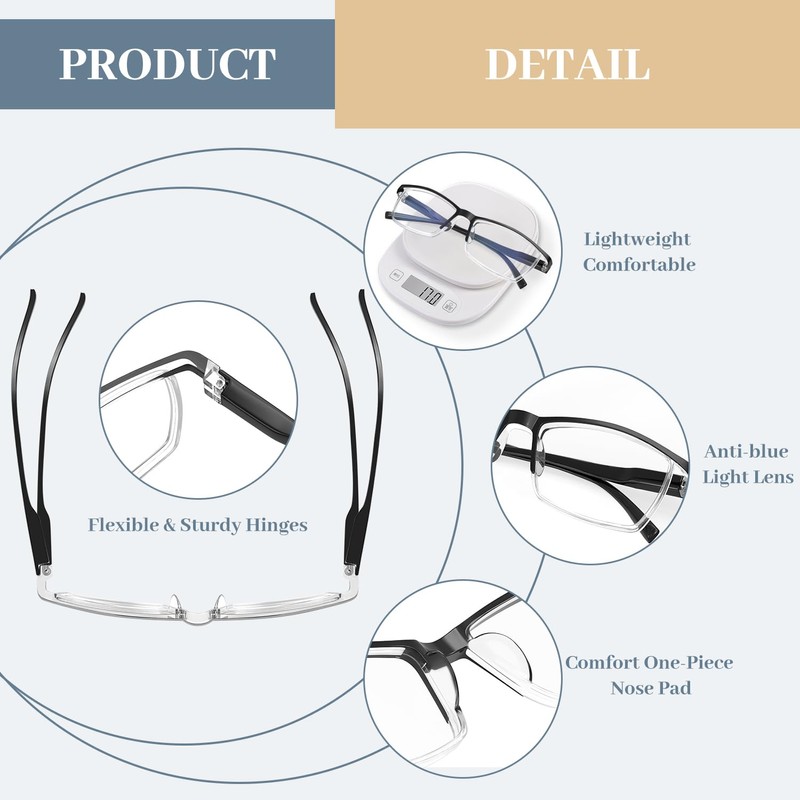 LUFF 6Pack Blue Light Blocking Reading Glasses Men Women-Ultra-Light Unbreakable