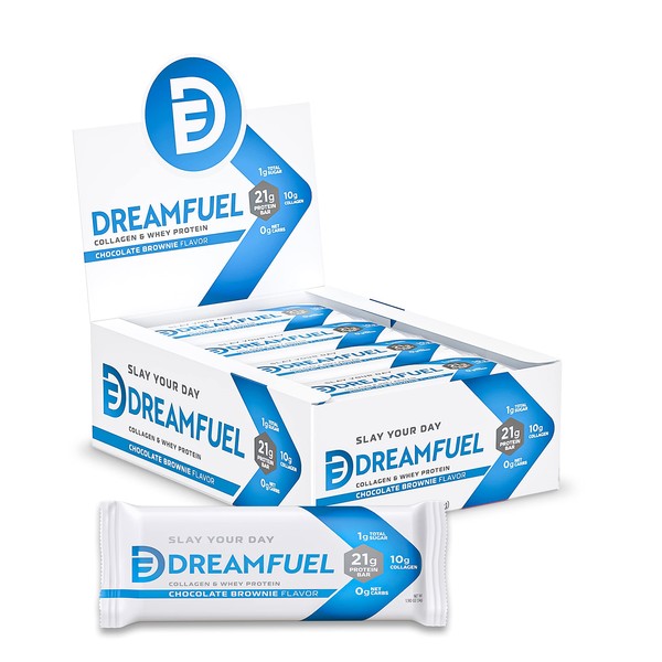 DREAM FUEL High Protein Bar, Chocolate Brownie, 21g Protein, 10g Collagen, 0g Net Carbs, Low Sugar, Low Carb, Low Calorie, No Sugar Alcohols, No Added Sugar, Gluten Free, Keto Friendly, Non-GMO, 12 Pack