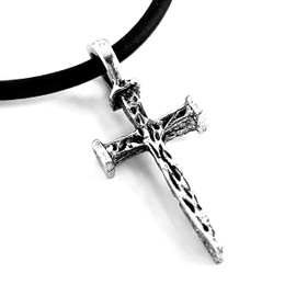 FORGIVEN JEWELRY Small Nail Cross Necklace Antique Pewter on Black Cord