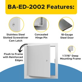 Best 10” x 10” Universal Economy Metal Access Panel with Reinforced Edges, 18-Gauge Steel Access Door for All Flush Surfaces, 1 7/16" Mounting Frame, Hidden Hinge Pin, Screwdriver Latch,BA-ED-2002