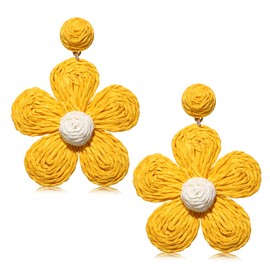 Vogueknock Rattan Earrings for Women Statement Boho Raffia Straw Wrapped Flower Drop Dangle Earrings Summer Tropical Beach Jewelry (Yellow)