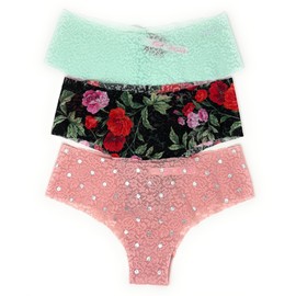 Victoria's Secret PINK Cheekster Panty Set of 3 Small No Show Lace Mint/Black Floral/Pink Dot