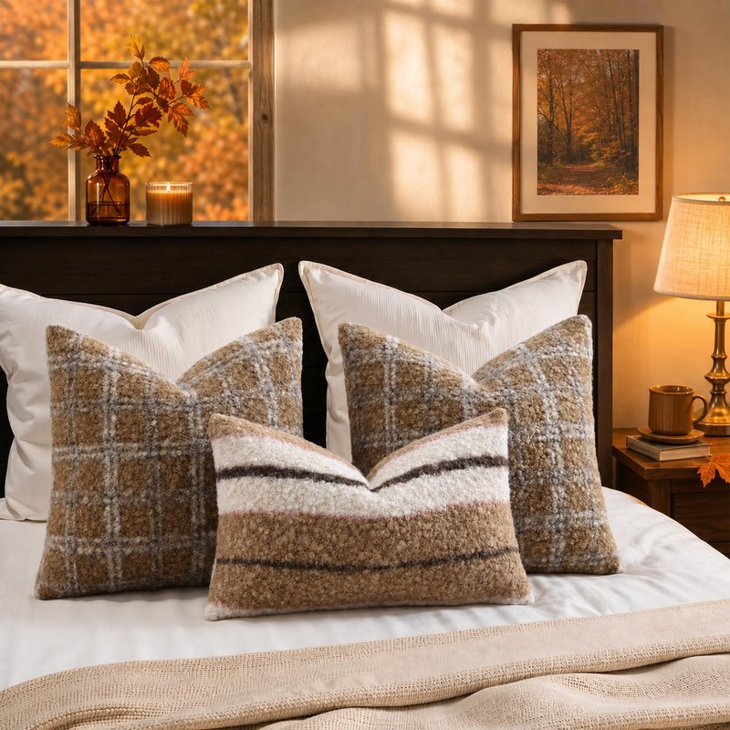 Faux Fur Plaid Throw Pillow Covers 18X18 Set of 2