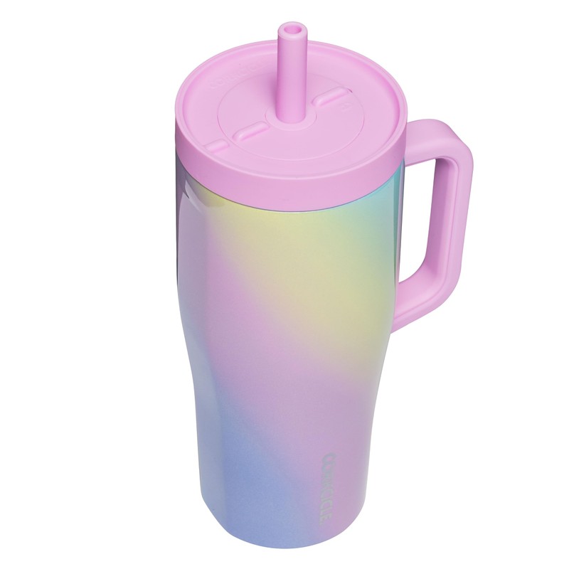 Corkcicle Cruiser Insulated Tumbler with Handle & Straw, Rainbow Unicorn,