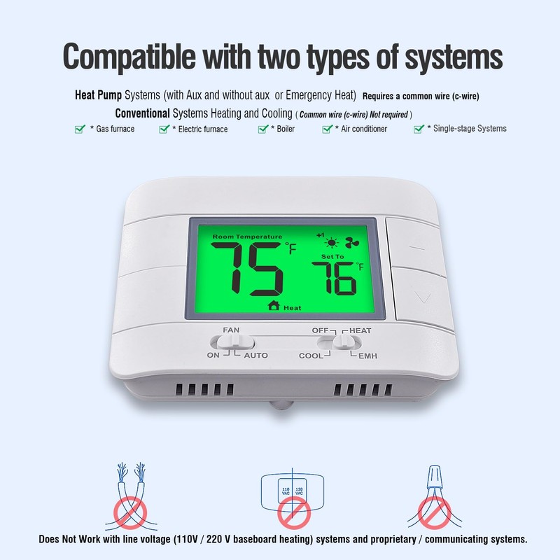 Garystat Non-Programmable Heat Pump Thermostat for House 2 Heat/1 Cool,