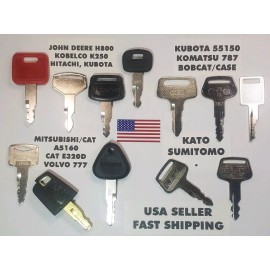 All (12) John Deere, Kobelco, Hitachi, Komatsu, Cat, Bobcat, Heavy Equipment Keys.