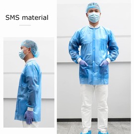 Greenour Pack of 10 Lab Coats Disposable Blue SMS Short Jackets with Knitted Cuffs and Collar (2X-Large)