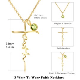PRAYMOS Faith Necklace Gold Cross Necklaces for Women Sterling Silver Peridot August Birthstone Necklace Religious Christian Gift
