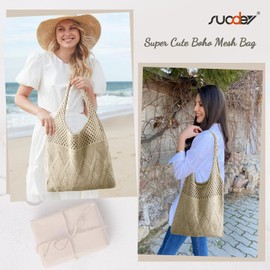 SUOSDEY Crochet Knit Mesh Beach Tote Bag for Women, Summer Aesthetic Vacation Boho Tote Bag,khaki