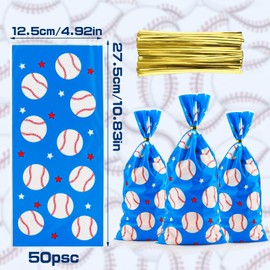 FUNCANDLE 50pcs Baseball Pattern Cellophane Cone Treat Bags with 50 Pcs Silver Twist Ties,Heat Sealable Candy Gift Bags for Baseball Lover Theme Event Party Supplies Favors