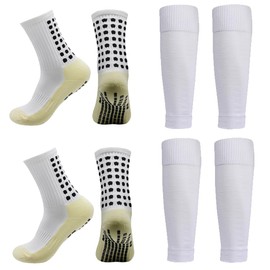 BUKEORE 2 Set Anti-slip Grip Soccer Socks with Shin Guard Sleeves, Sports Athletic Socks for Men Women (US, Alpha, One Size, Regular, Regular, Men: 6-12 Woman: 7-13, 2 Set (White)