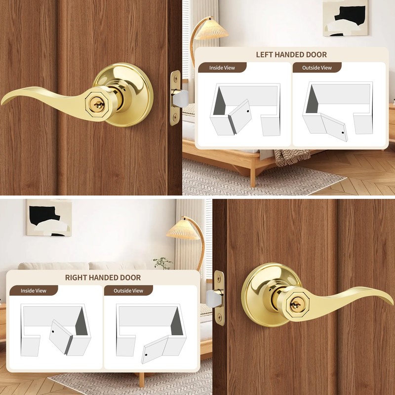 Moquin Wavy Style Gold Door Handle with Lock and Key,