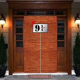 Egooesam 9 and 3/4 Cross Station Sign Brick Wall Background Wizard Party Wall Decoration Brown Brick Wall Banner Door Curtains for Magic School Birthday, Secret Passage to Wizard Party
