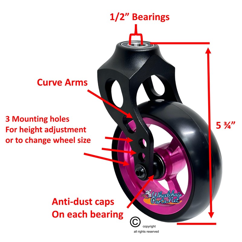 Wheelchair Front Caster Fork with 4x1.40 Easy Roll Wheel (Pink