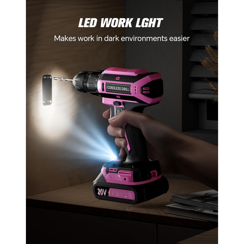 Pink Cordless Drill Set, 20V Max PowerDrill for Women, Lightweight