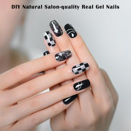Semi Cured Gel Nail Strips, Gel Nail Polish Stickers Works with Any Nail Lamps Salon-Quality Long Lasting UV Gel Wraps for Women (Black Gothic Checkerboard Q23)