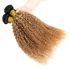 1B27 Kinky Curly Human Hair Bundles Ombre Blonde Bundle Brazilian Remy Human Hair Bundles Hair Weaves Double Weft Honey Blonde Hair Bundles For Women 26 28 30 Inch