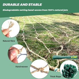 IKSAMY Jute Trellis Net 2 x 2.5 m | Trellis for Climbing Plants | 100% Biodegradable - With 50 Plant Ties for Cucumbers, Tomatoes, Peas and Greenhouse - Trellis for Vegetable Plants (2 m x 2.5 m)