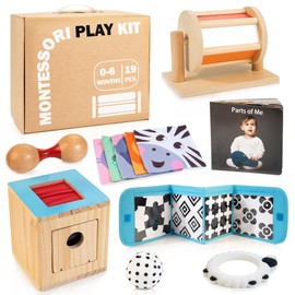 WOODMAM Montessori Toys for Babies 0-6 Months, 9 in 1 Learning Educational Sensory Toys for Newborn 0-3-6 Months, Includes Maracas, High Contrast Baby Toy, Spinning Drum, Teether, Rattle Ball and More