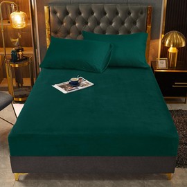 Warm Fitted Sheet, 90 x 200 cm, Dark Green, Winter, Plush, Box Spring Bed, Terry Cloth, Bed Sheet, Warm, Soft, Flannelette, Plain Pattern, Set, Linen Sheet, for Tall Mattresses, Base Height 25-30 cm